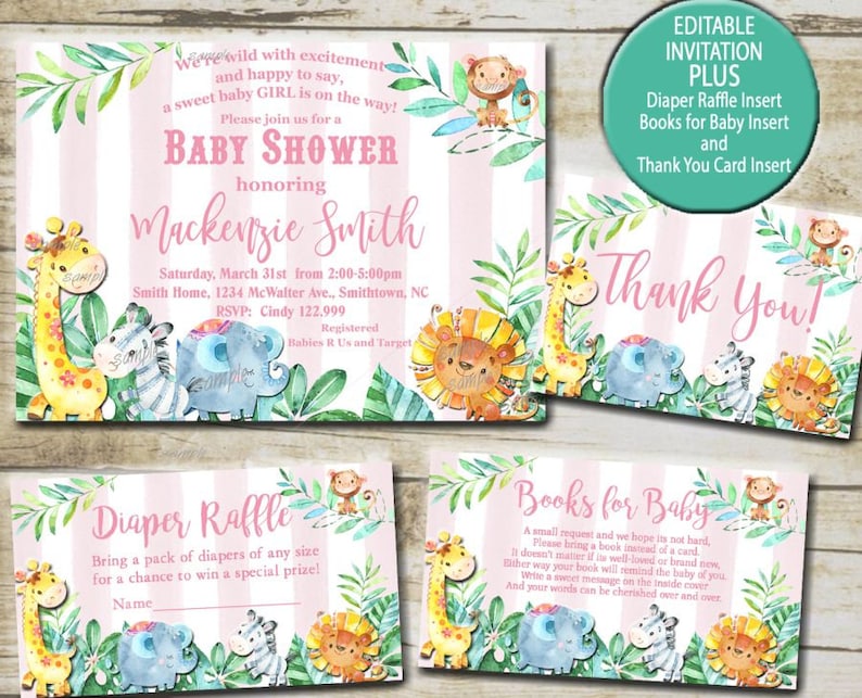 Pink Safari Baby Shower Invitation Kit Editable Invite Etsy