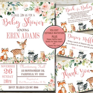 Girl Woodland Baby Shower Invitation kit pink Woodland animals Editable invite template Book for Baby, Diaper Raffle & Thank You suite  P116