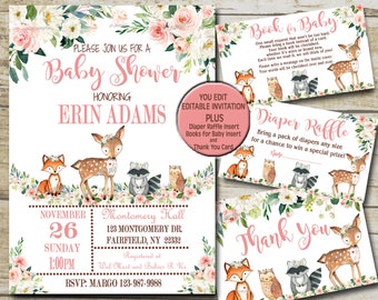 Girl Woodland Baby Shower Invitation kit pink Woodland animals Editable invite template Book for Baby, Diaper Raffle & Thank You suite  P116