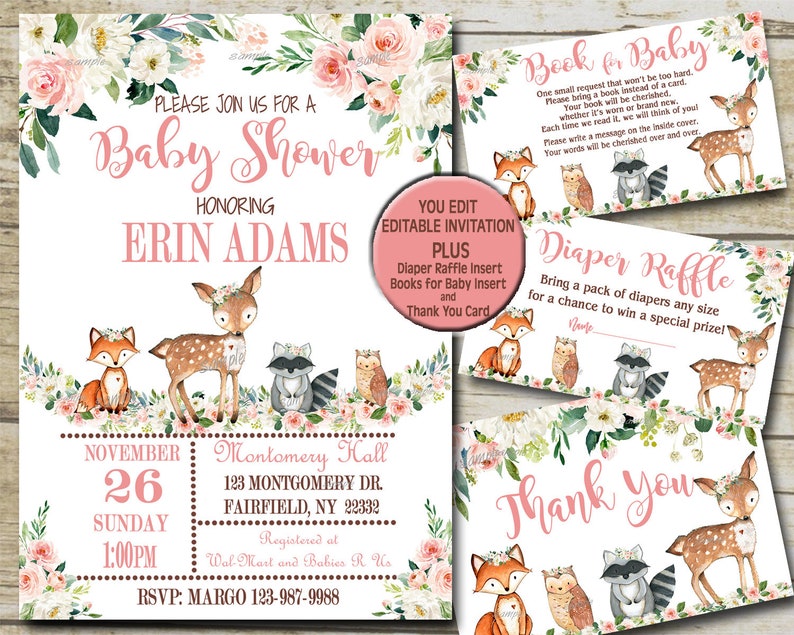 Girl Woodland Baby Shower Invitation Kit Pink Woodland Animals Etsy
