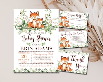 Fox Baby Shower Invitation set Editable invitation template, PLUS Books for Baby, Diaper Raffle, Thank You kit INSTANT DOWNLOAD P64