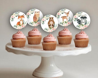 Floral Woodland Baby Shower Cupcake toppers, Pink Girl Forest Animal labels,  shower decoration, Printable INSTANT DOWNLOAD P116
