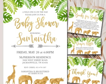 Gold Safari Baby Shower Invitation kit, Editable invite template Book for Baby, Diaper Raffle & Thank You, Greenery Jungle Baby Shower  P33