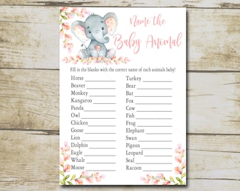 Pink Elephant Baby Shower Game, Name The Baby Animals, Girl Safari baby shower game quiz, name the animals, Printable Instant Download P292