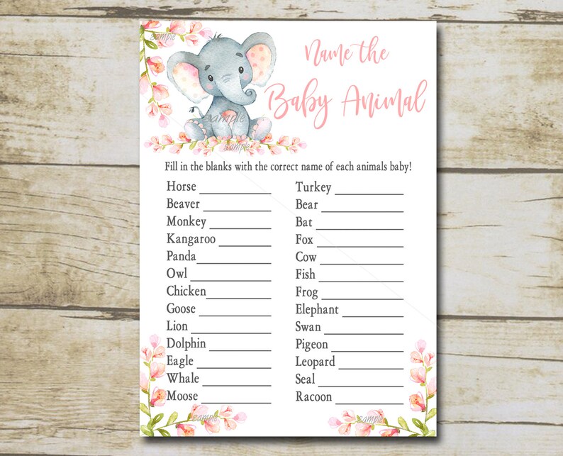 Pink Elephant Baby Shower Game Name The Baby Animals Girl Etsy