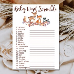 Woodland Baby Shower Game, Word Scramble Game, Woodland Forest animals baby shower, Printable Instant Download P01