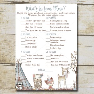 Boy Woodland Baby Shower Game, Whats in Your Phone Game, Boho blue Woodland Forest animals baby shower game, Printable Instant Download P107