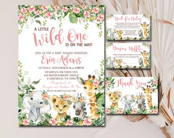 May include: Baby shower invitation set with a floral and animal theme. The main invitation reads "A Little Wild One is on the Way!" and includes details for Erin Adams' baby shower. Coordinating cards include "Book for Baby," "Diaper Raffle," and "Thank You."