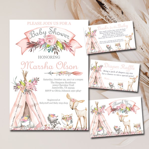 Girl Woodland Animals Baby Shower Invitation kit, Pink Boho Teepee Editable invite template Book for Baby, Diaper Raffle & Thank You set P72