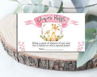 Giraffe Baby Shower Diaper Raffle card insert, Pink giraffe diaper raffle insert, Girl diaper raffle ticket, INSTANT DOWNLOAD  P34