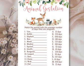 Woodland baby shower game girl, dierlijke dracht, dierlijke zwangerschap spelquiz, Pink Woodland Forest-dieren, afdrukbare Instant Download P116