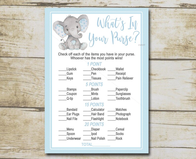 blue elephant baby shower game whats in your purse game boy etsy
