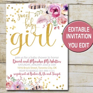 May include: A pink and gold baby shower invitation with a floral design and the text "Sweet Baby Girl". The invitation includes the names "David and Marsha McWalter", the date and time of the shower, the address, and the RSVP information. The invitation also includes the text "Editable Invitation You Edit".