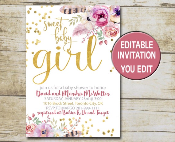Floral Boho Baby Shower Invitation template, Editable invitation, Pink Gold glitter Baby Girl tribal watercolor flowers INSTANT DOWNLOAD P49