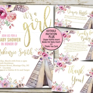 Boho Teepee Baby Shower Invitation kit, Editable invite template, Books for Baby, Diaper Raffle & Thank You package set INSTANT DOWNLOAD P49