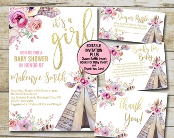 Baby Shower Invitation kit, Boho Teepee Editable invite template, Books for Baby, Diaper Raffle & Thank You package set INSTANT DOWNLOAD P49