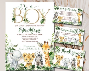 May include: It's a Boy baby shower invitation with a jungle theme. The invitation features a gold glitter 'It's a Boy' text with green leaves and a giraffe, zebra, lion, and elephant. The invitation includes the date, time, location, and RSVP information. The invitation also includes a 'Book for the Baby' card, a 'Diaper Raffle' card, and a 'Thank You' card.