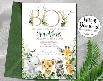 Oh Boy Safari Baby Shower Invitation, Editable invitation You Edit, Tropical jungle animals shower, gender neutral, INSTANT DOWNLOAD P155