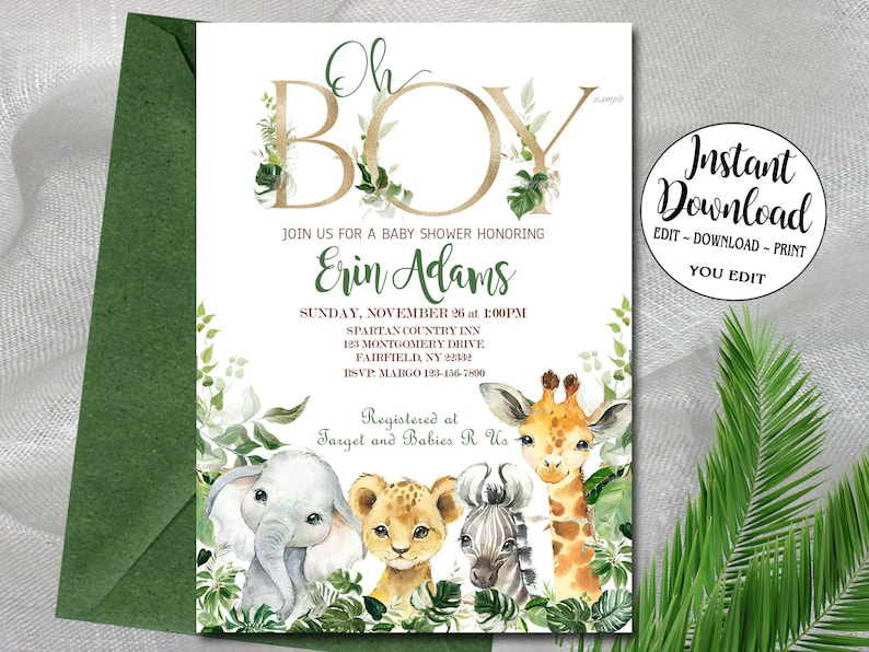 Oh Boy Safari Baby Shower Invitation Editable Invitation You Etsy