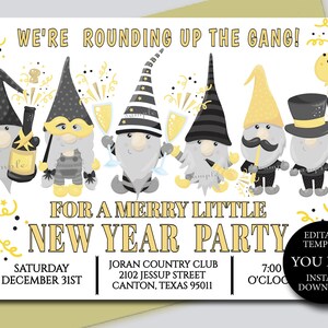 Funny New Years Party Invitation, Gnomes Holiday invitation Editable digital template, YOU EDIT, Printable Invitation, Instant Download 164