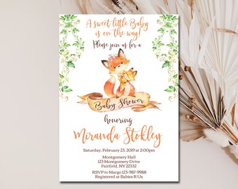 Fox Baby Shower Invitation, editable invitation template, Gender Neutral Editable invite, Greenery Invite INSTANT DOWNLOAD P40