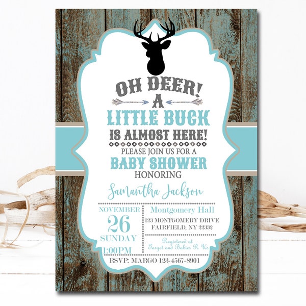 Oh Deer Baby Shower Invitation, Editable invitation template, Boy Little Buck Rustic Woodland Baby shower invite INSTANT DOWNLOAD P62