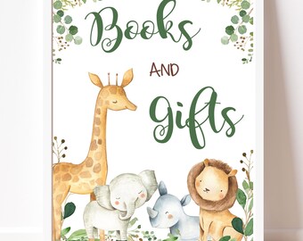 Letrero de libros y regalos para baby shower de safari, letrero de mesa, letrero de exhibición de baby shower de animales de la jungla con vegetación, descarga instantánea que combina con la invitación P124