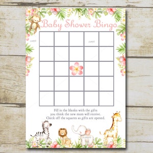 Safari Baby Shower bingo game, Jungle animals baby shower Game, Bingo card, Pink girl baby shower, Instant download, P122