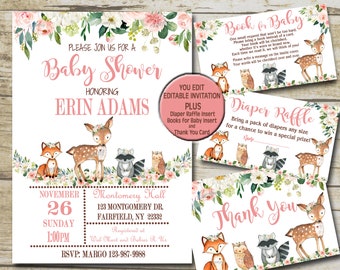 Girl Woodland Baby Shower Invitation kit Pink Woodland animals Editable invite template Book for Baby, Diaper Raffle & Thank You suite  P116