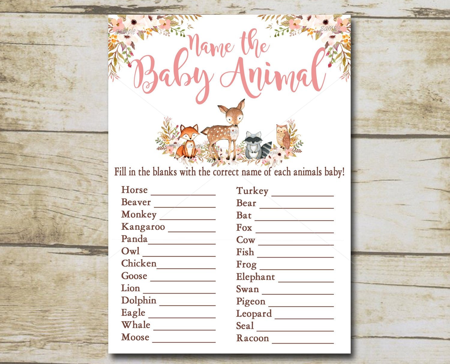 Woodland Baby Shower Game Name the Baby Animals Game Girl - Etsy