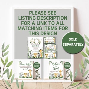 May include: A set of printable baby shower decorations featuring a jungle theme with a green, brown, and white color scheme. The decorations include a diaper raffle sign, a thank you sign, a babies are sweet sign, and an invitation. The text on the invitation reads "It's a Boy" and "Erin Adams".