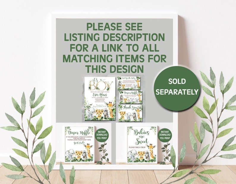 May include: A set of printable baby shower decorations featuring a jungle theme with a green, brown, and white color scheme. The decorations include a diaper raffle sign, a thank you sign, a babies are sweet sign, and an invitation. The text on the invitation reads "It's a Boy" and "Erin Adams".