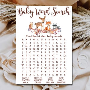 Woodland Baby Shower Game, Word Search Game, Woodland Forest animals baby shower, Printable Instant Download P01