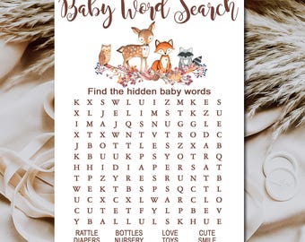 Woodland Baby Shower Game, Word Search Game, Woodland Forest animals baby shower, Printable Instant Download P01