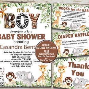 Jungle Safari Baby Shower Invitation set, BOY Editable invite template, Books for Baby, Diaper Raffle & Thank You, jungle animals  P88