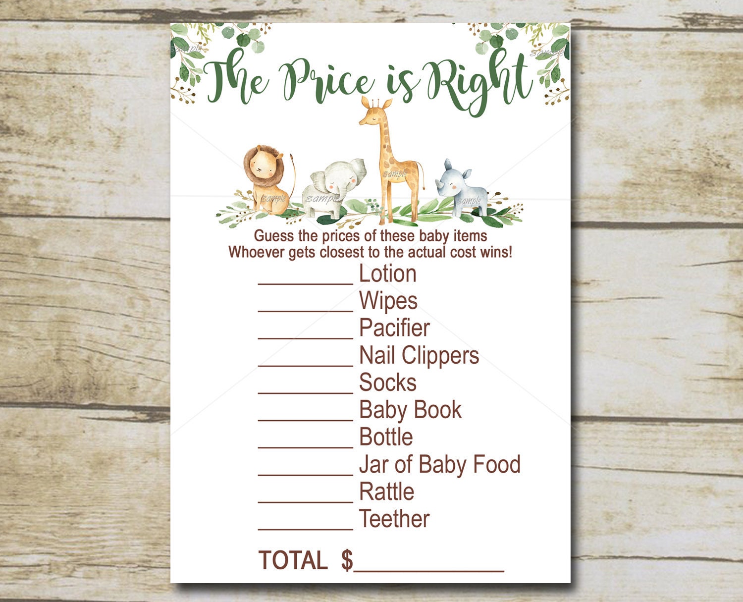 Safari Baby Shower Game, Price is Right Game, Jungle Animals Baby
