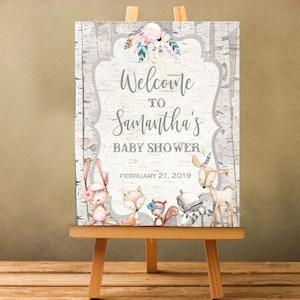 Boho Girl Woodland Baby Shower Welcome Sign, Woodland Welcome Table Sign or large Poster, Personalized Birchwood Digital File, You Print P91