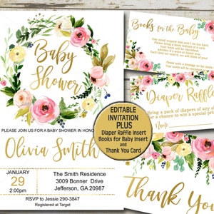 Gold floral Baby Shower Invitation Kit, Gold Botanical Editable Invitation template, Books for Baby, Diaper Raffle & Thank You P58