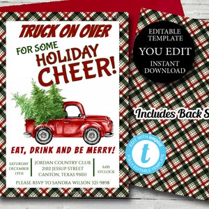 Christmas Party Invitation, Red Truck on over Plaid, Editable Template Holiday invitation Printable Instant Download 021