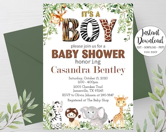 Jungle Boy Baby Shower Invitation template, Editable You Edit, Boy Safari Baby Shower, Jungle animals baby shower, INSTANT DOWNLOAD P88