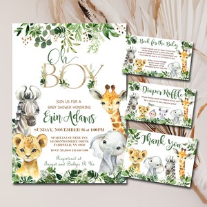 Oh Boy Safari Baby Shower Invitation bundle set, Editable invite template, Book for Baby, Diaper Raffle, Thank You, you print kit, P155