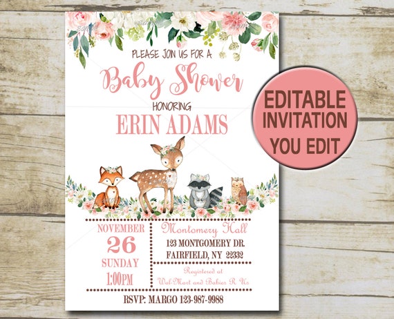 girl woodland baby shower invitations