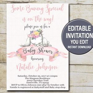 Bunny Baby Shower Invitation template, Editable invitation, Pink Girl Baby Shower invitation,  Bunny shower invite Printable invitation  P73