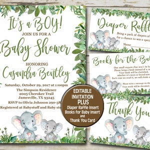 Greenery Elephant Baby Shower Invitation kit, Green Boy Editable invite template, Books for Baby, Diaper Raffle inserts & Thank You  P35
