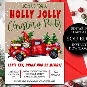 Gnomes Christmas Party Invitation, Red Truck on over , Funny Editable Template Holiday invitation Printable Instant Download 167