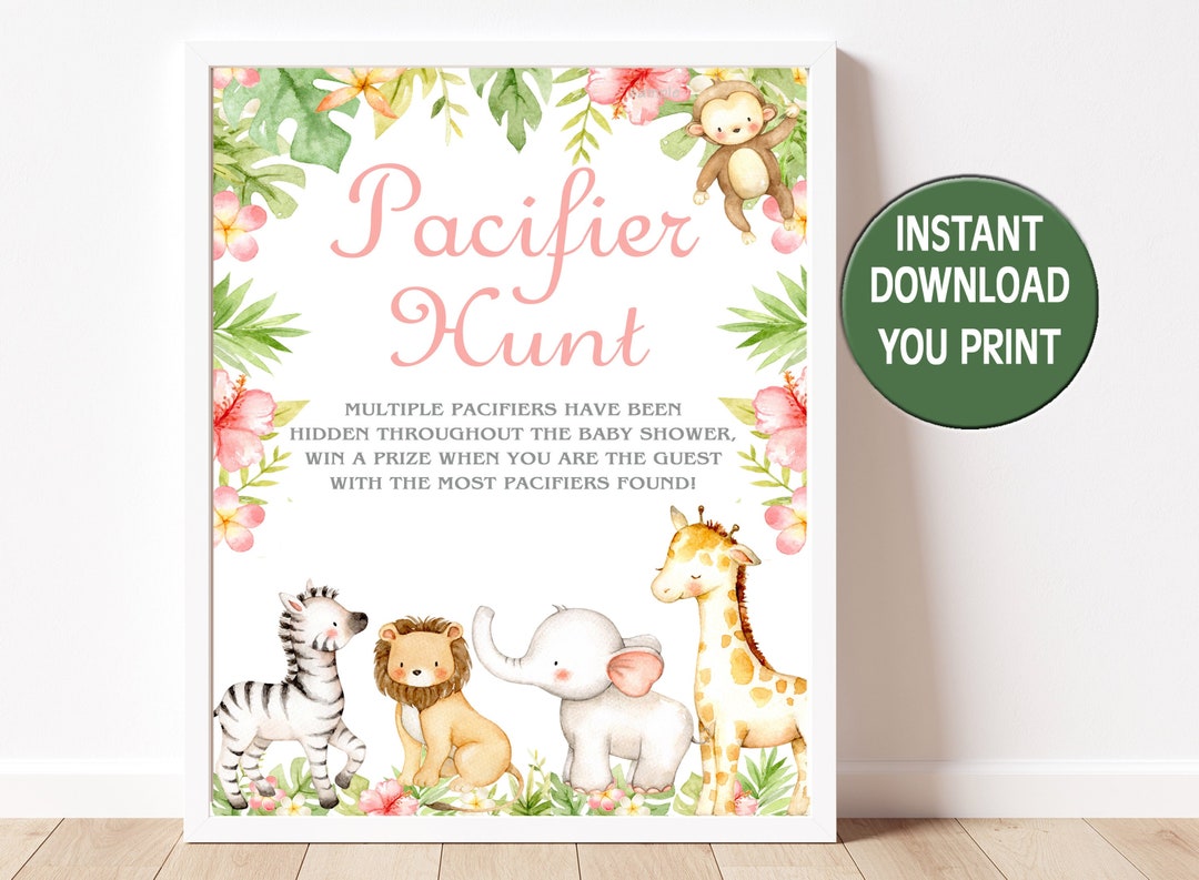 Safari Jungle Pacifier Hunt Game Sign, Printable Pink Girl Baby Shower ...