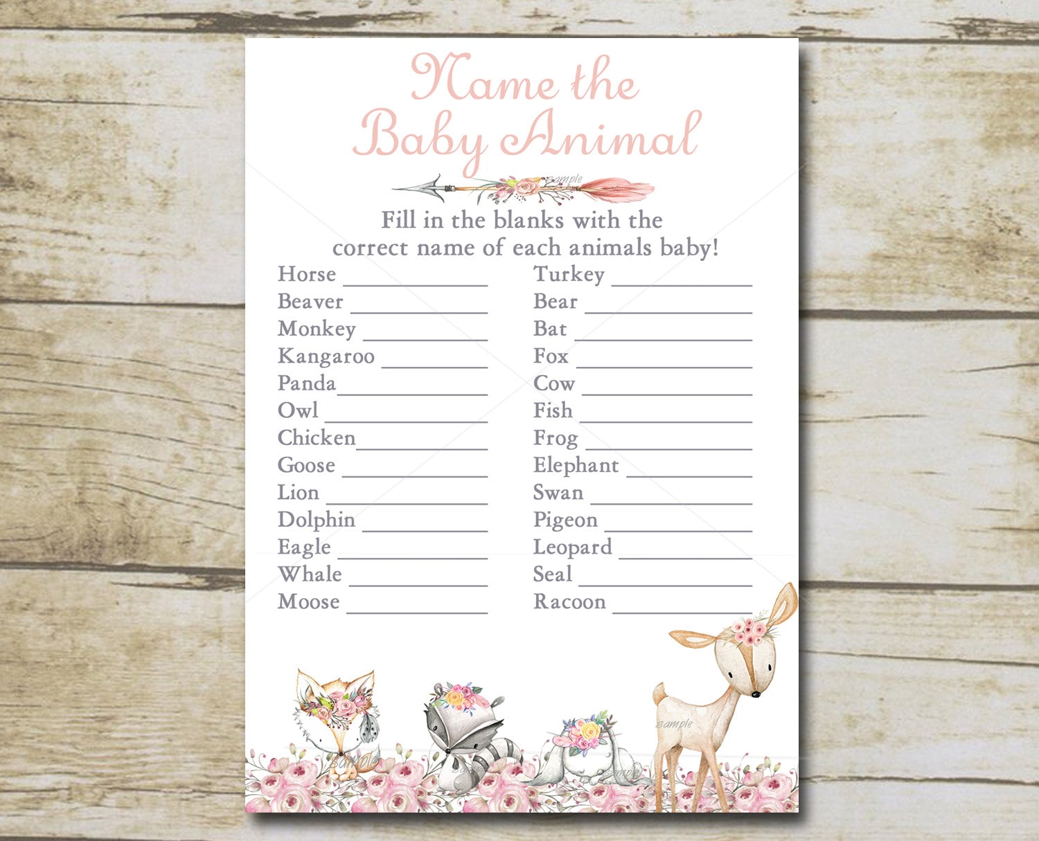 Girl Woodland Baby Shower Game Name the Baby Animals Game Etsy