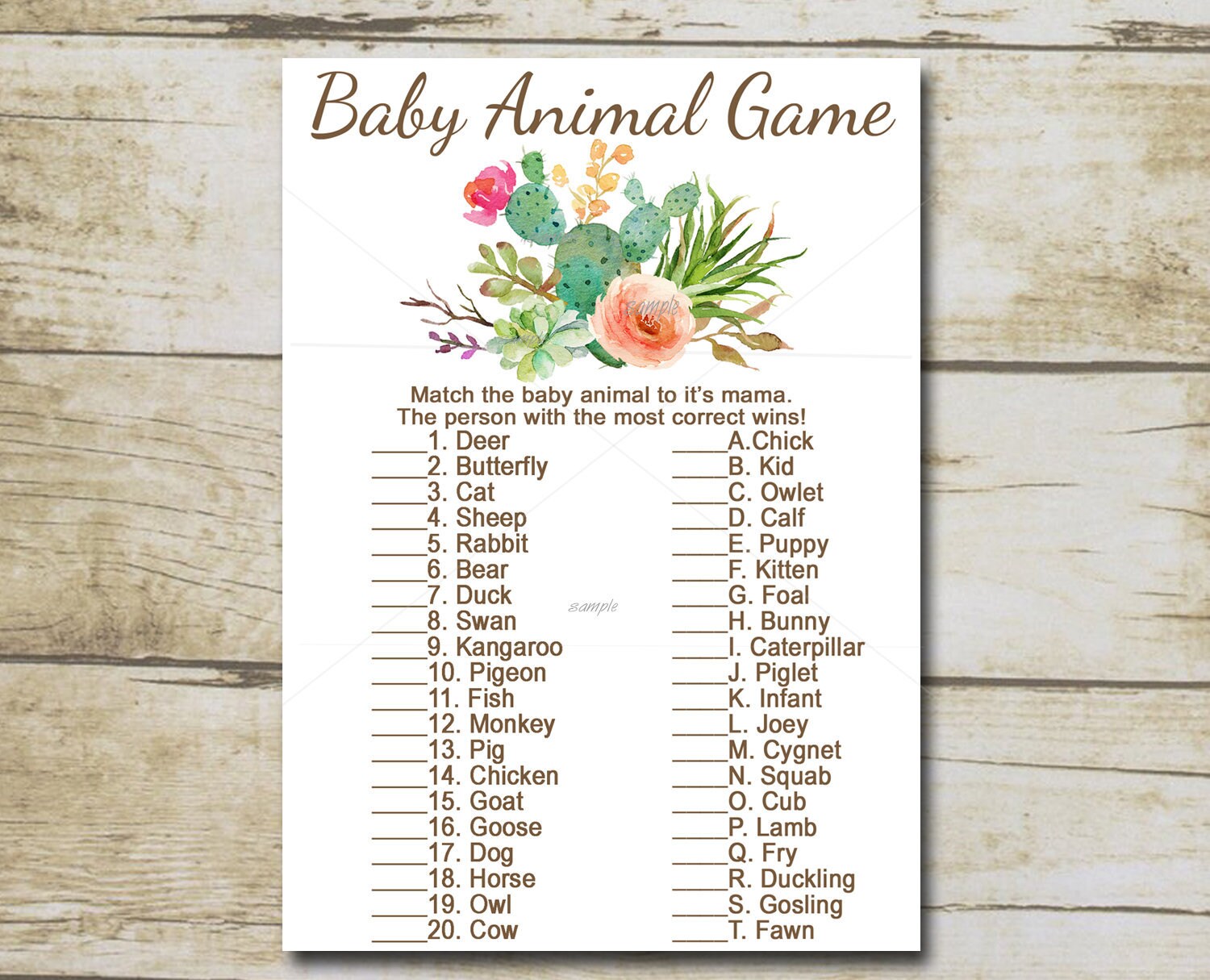 Succulent Baby Shower Game Baby Animal Game Cactus Game - Etsy