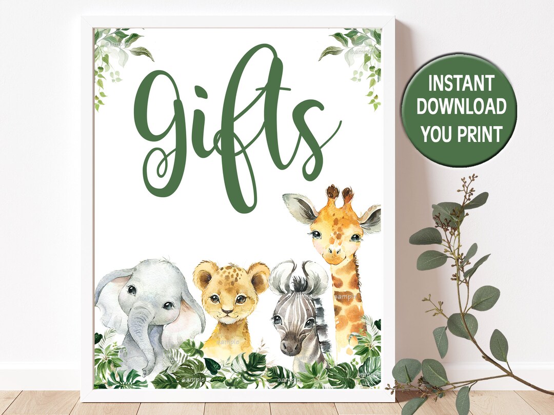 Safari Baby Shower Gifts Sign, Jungle Greenery Gifts Table Sign, Jungle Baby Shower Table Sign