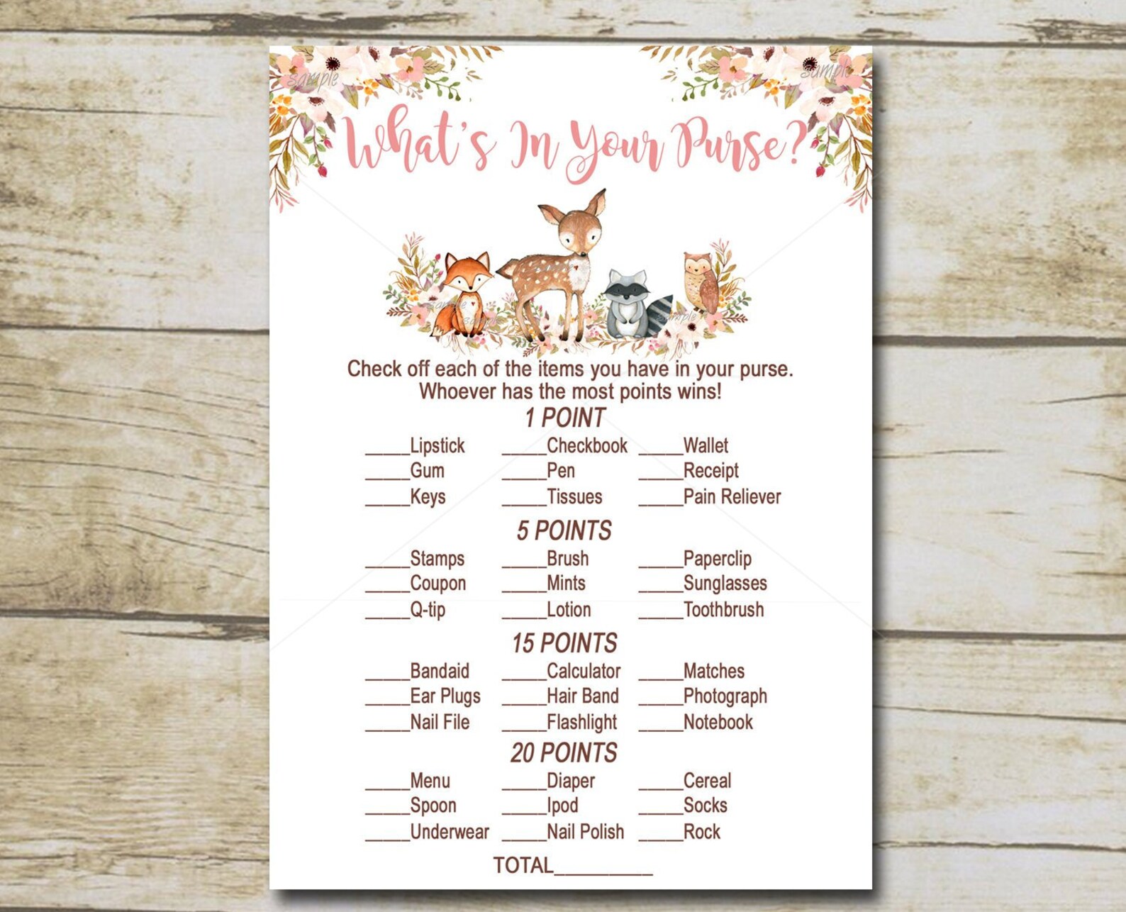 Woodland Baby Shower Game Whats in Your Purse Game Pink Girl Etsy